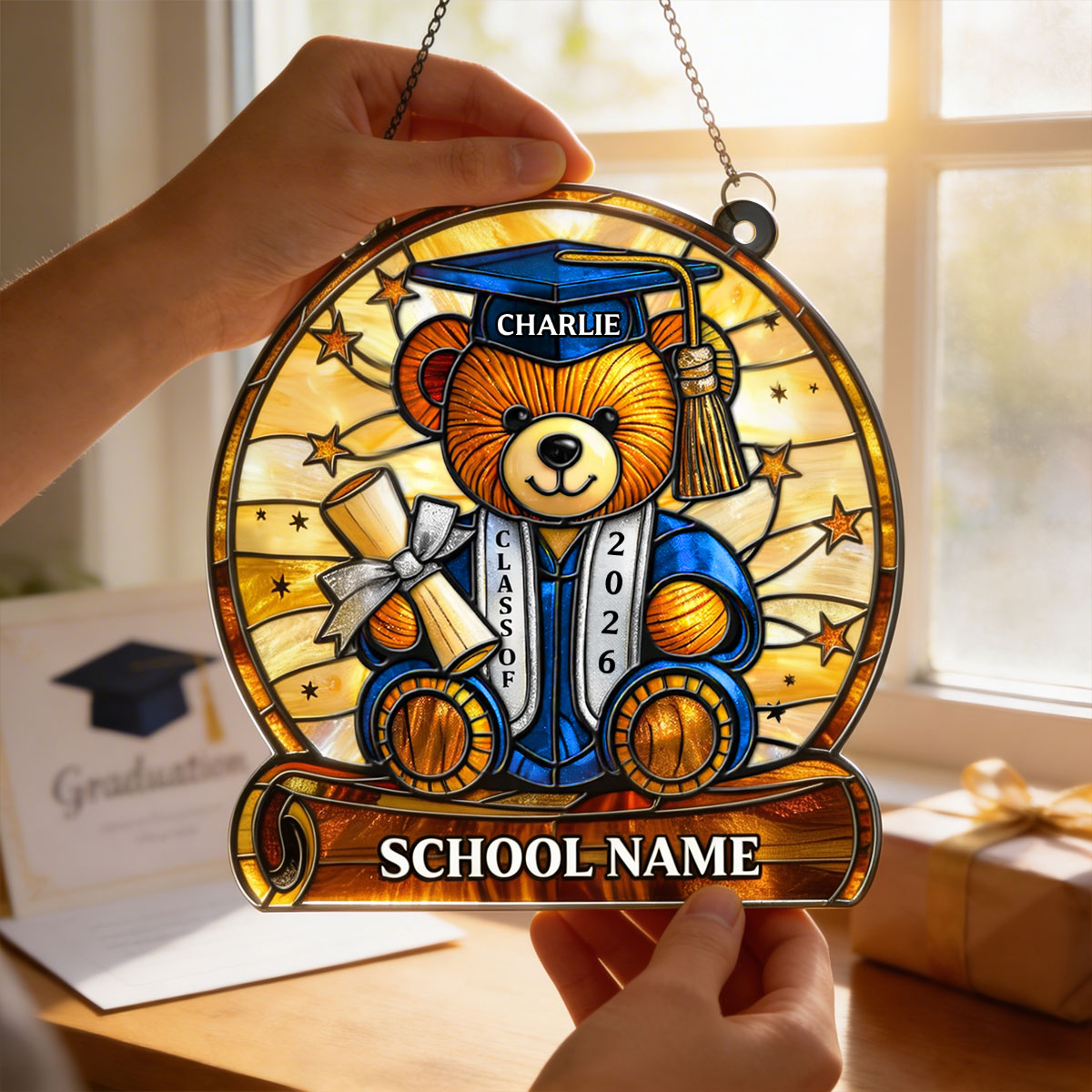 Graduation Teddy Bear With Diploma And Cap - Personalized Suncatcher - Gift For Senior
