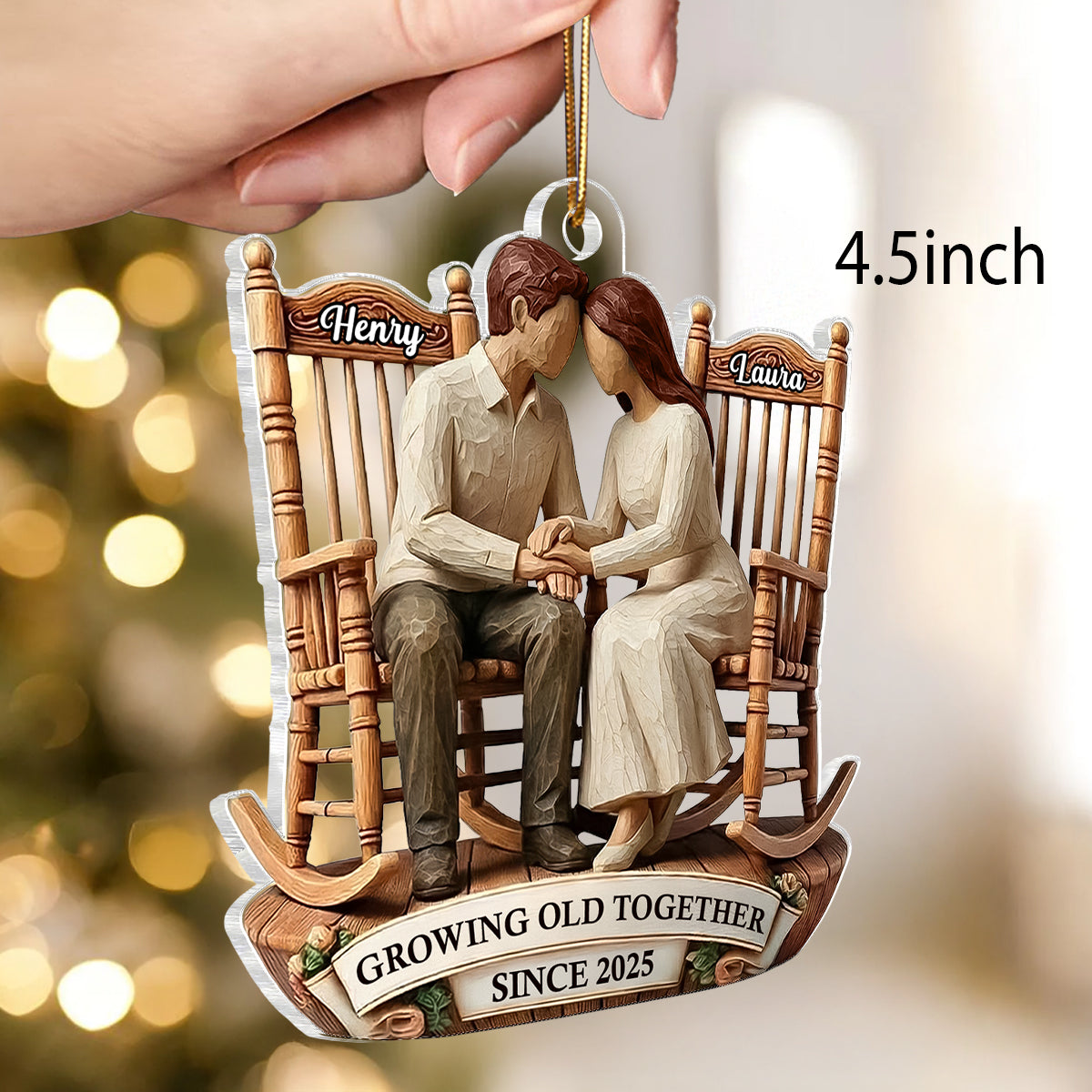 Couple Sitting On Rocking Chairs Faux Wood - Personalized Acrylic Ornament - Heartwarming Christmas Gift For Him, For Her, For Couple