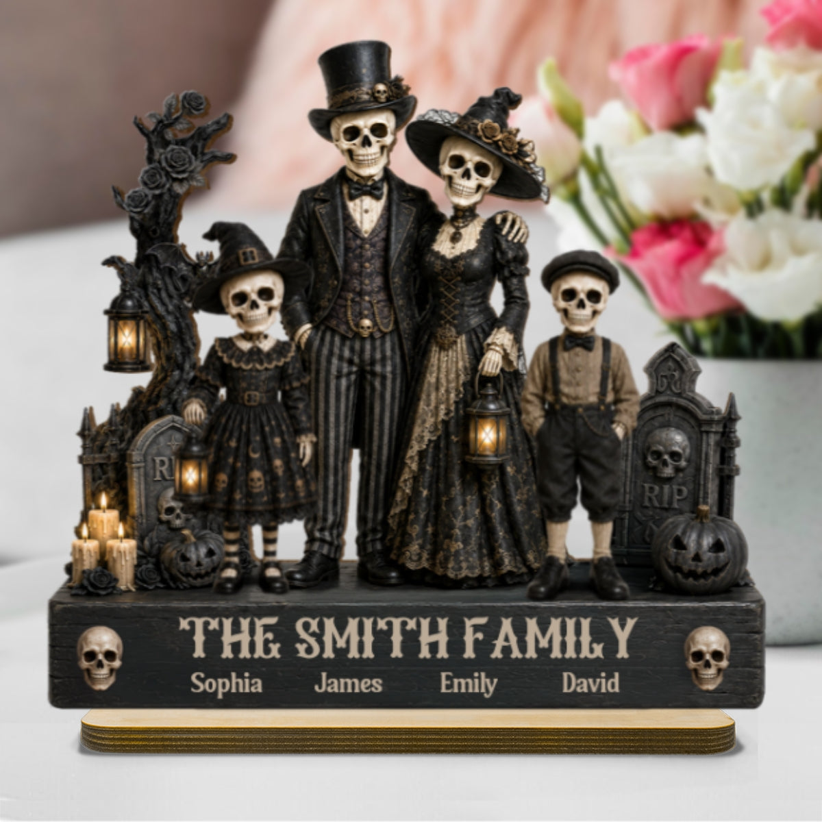 Gothic Skeleton Family 2D Flat - Personalized Wooden Plaque - Halloween Decoration