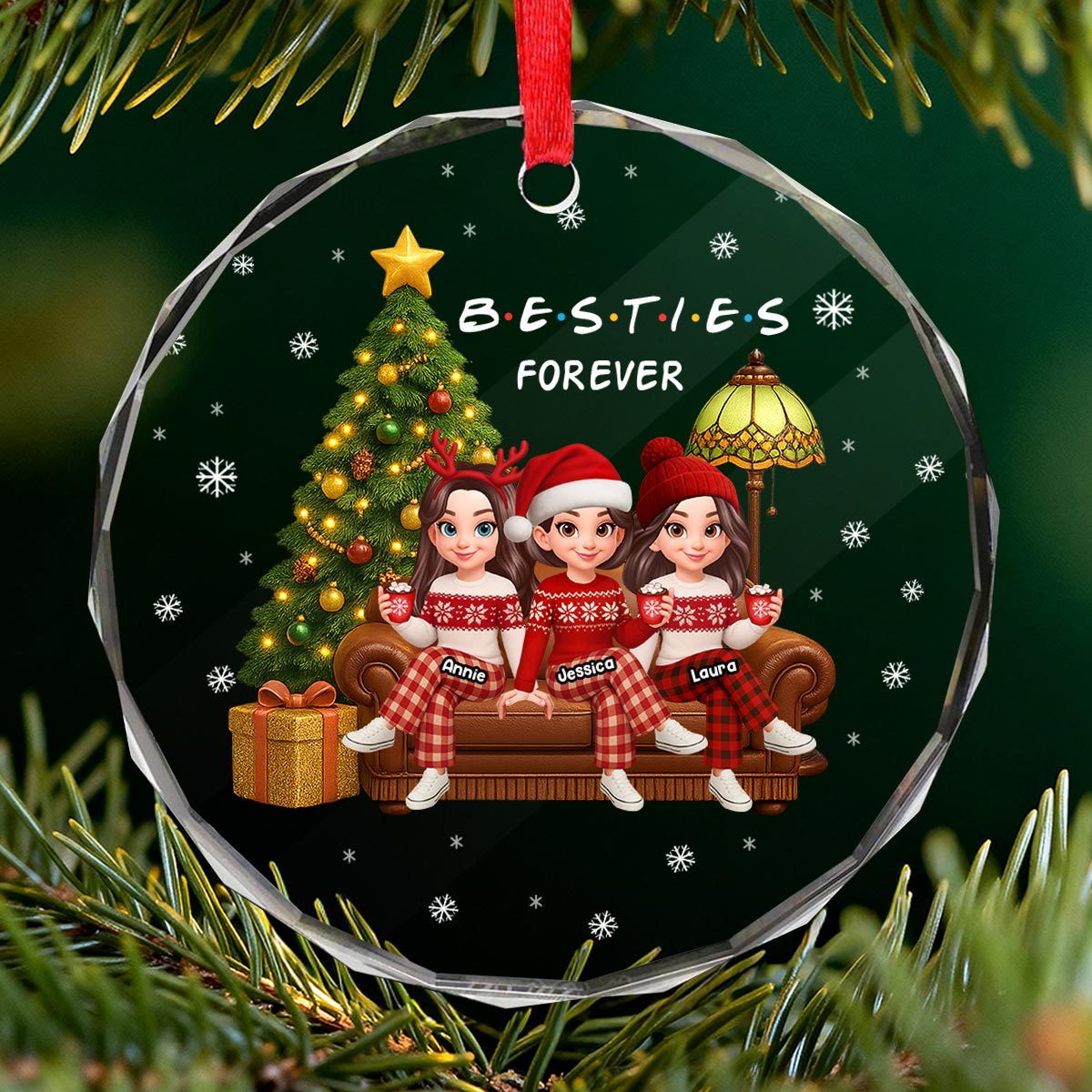 Christmas Festive Besties Forever Christmas Tree - Personalized Glass Ornament - Christmas Gift For Best Friends