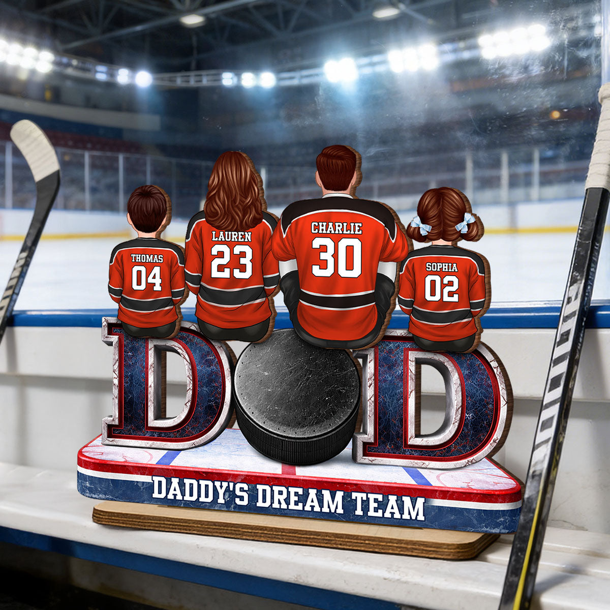 Hockey Dad Family Sitting Back View - Personalized 2-Layered Wooden Plaque - Heartfelt Gift For Hockey Dad, Gift For Husband, Gift For Family