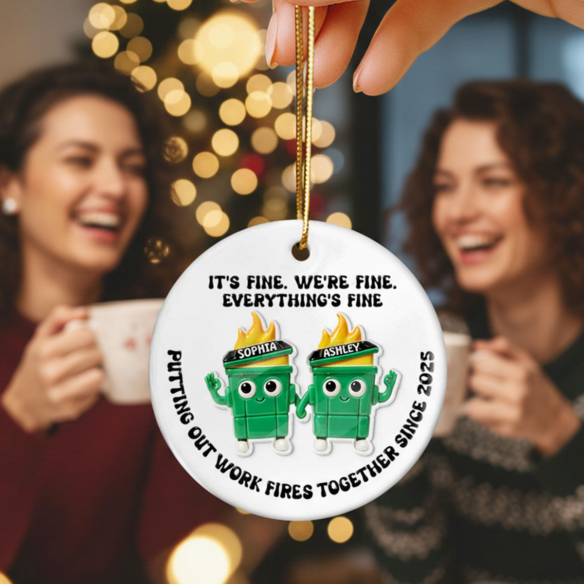 Putting Out Work Fires Together Work Bestie Dumpster Fires - Personalized Ceramic Ornament With Acrylic Pieces - Funny Gift For Colleagues