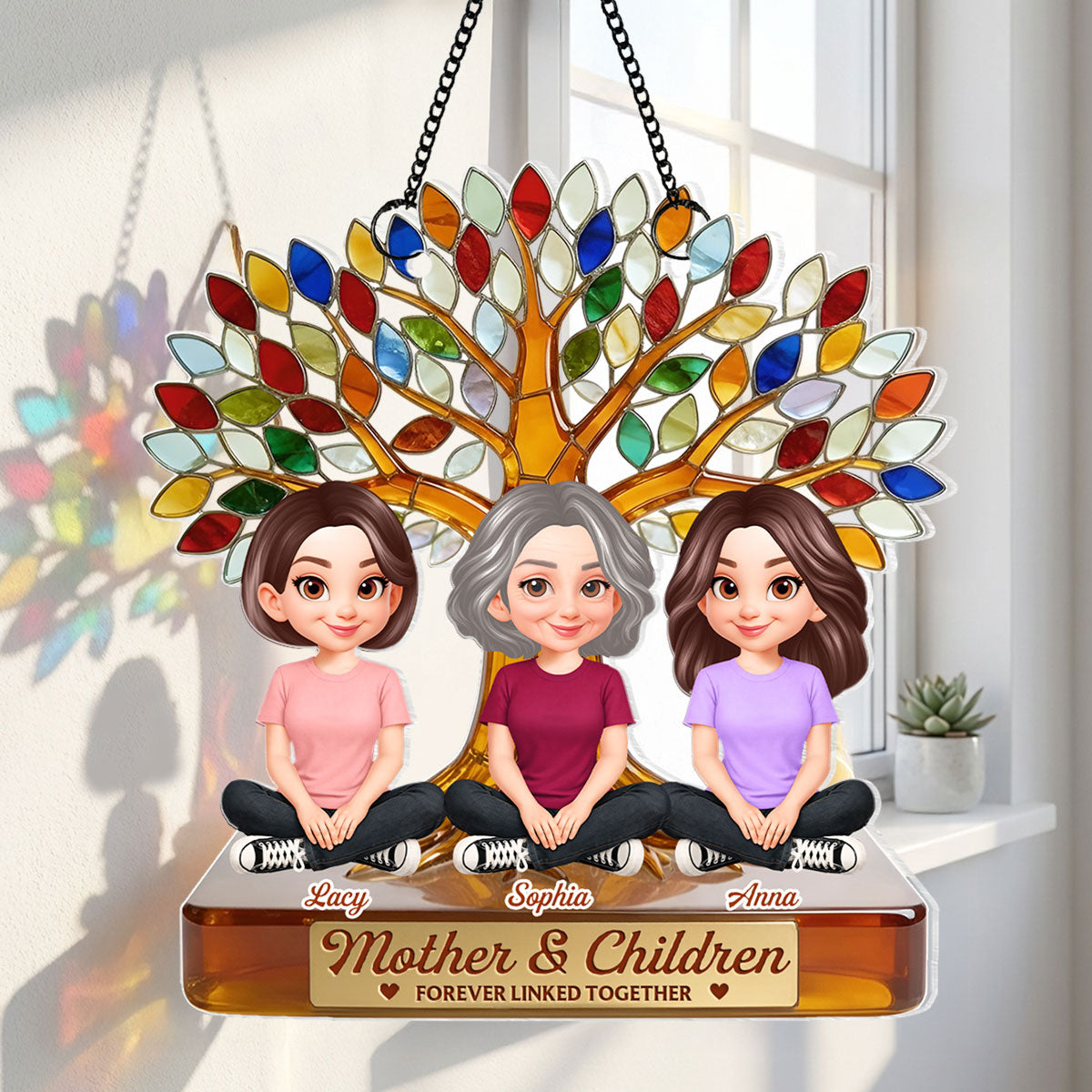 Mom And Son Daughter Under Colorful Tree Of Life - Personalized Suncatcher Ornament - Gift For Mom