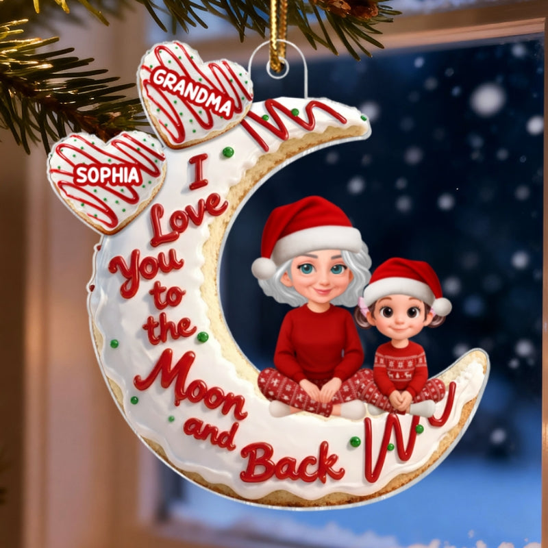 3D Effect Christmas Tree Cake Moon Grandma Grandkid Love You To The Moon And Back - Personalized Acrylic Ornament - Christmas Gift For All Grandkids