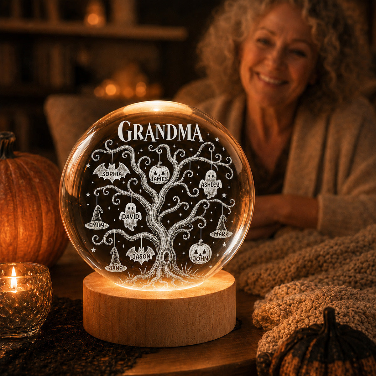 Halloween Tree With Kids Names - Personalized Crystal Ball Night Light - Halloween Gift For Grandma