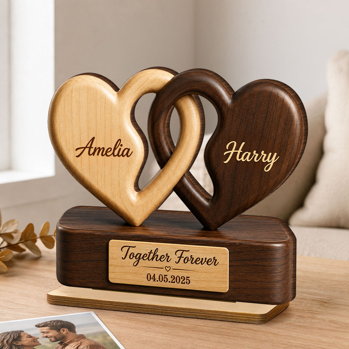 Interlocking Hearts Romantic Couple Anniversary - Personalized 2-Layered Wooden Plaque - Anniversary Gift, Gift For Couple
