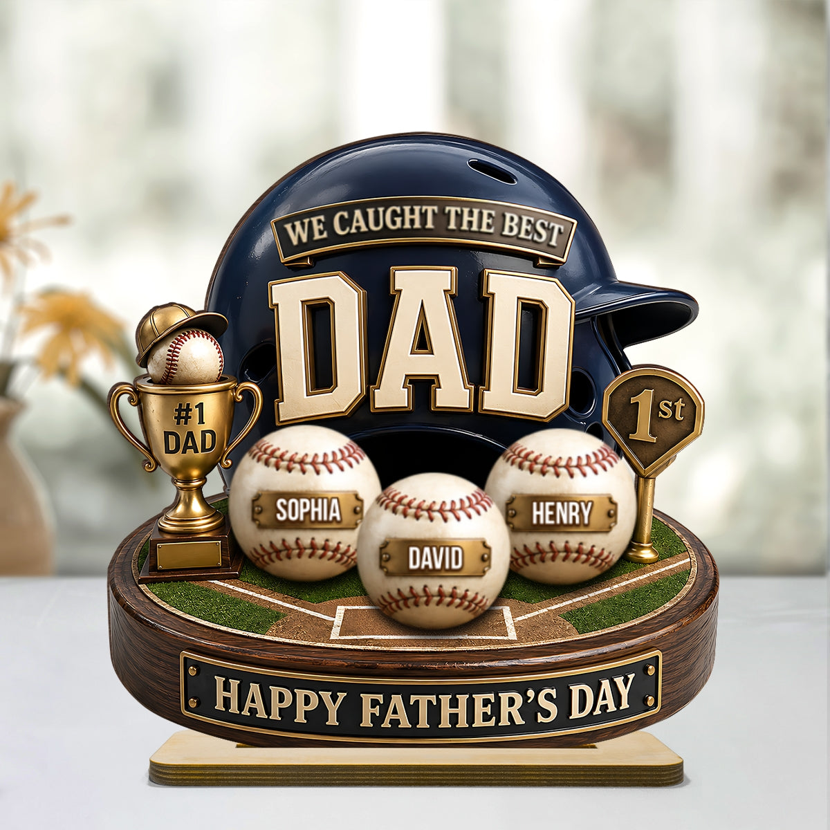 Baseball Trophy We Caught The Best Dad - Personalized 2-Layered Wooden Plaque -  Gift For Dad, Husband