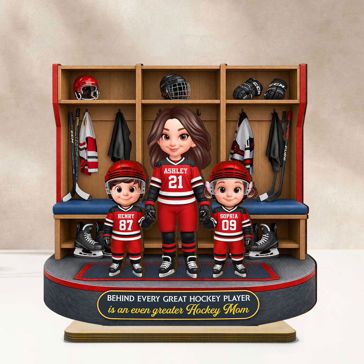 Hockey Locker Room Mom And Kids - Personalized 2-Layered Wooden Plaque - Mother's Day Gift For Hockey Mom, Gift For Wife