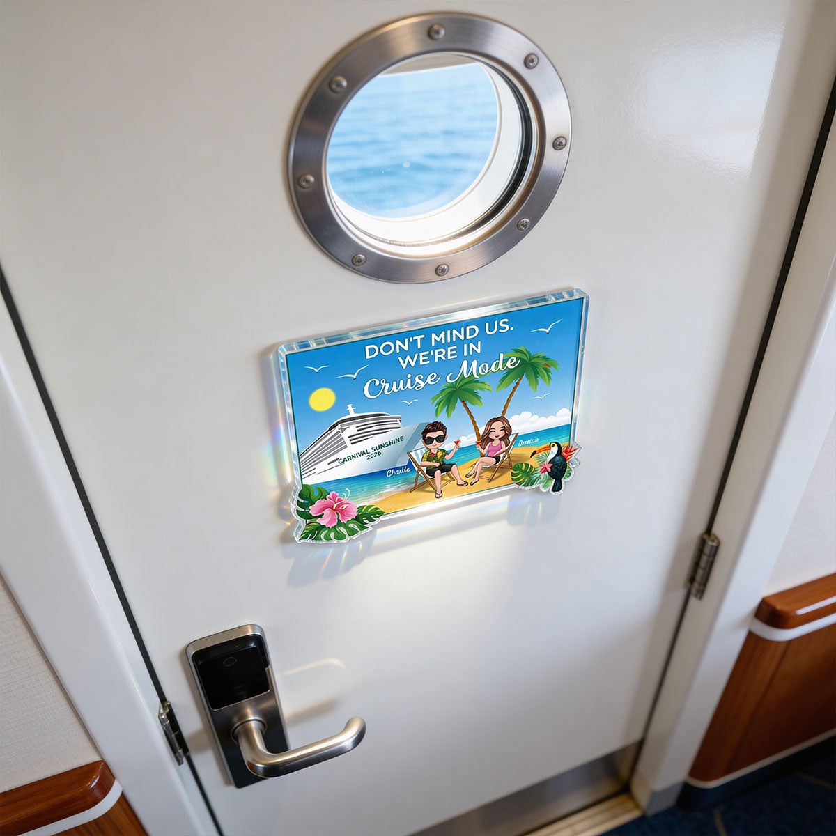 We're In Cruise Mode Doll Couple Sitting On The Beach - Personalized Cruise Ship Door Magnet
