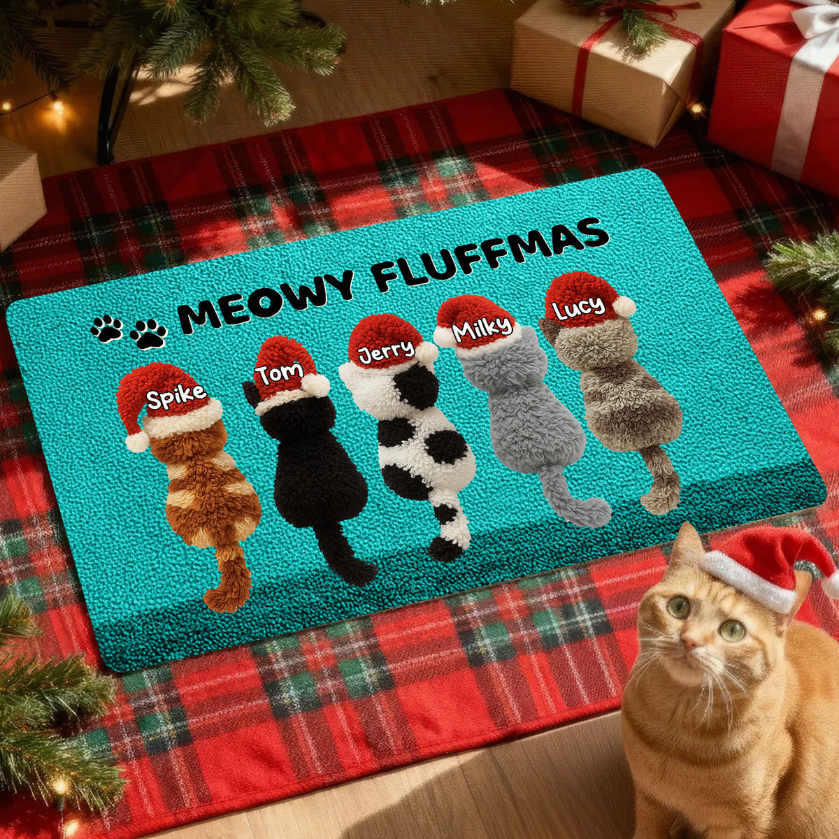 Meowy Fluffymas Funny Cats Latch Hook Yarn Faux - Personalized Doormat - Christmas Decor for Pet Lovers