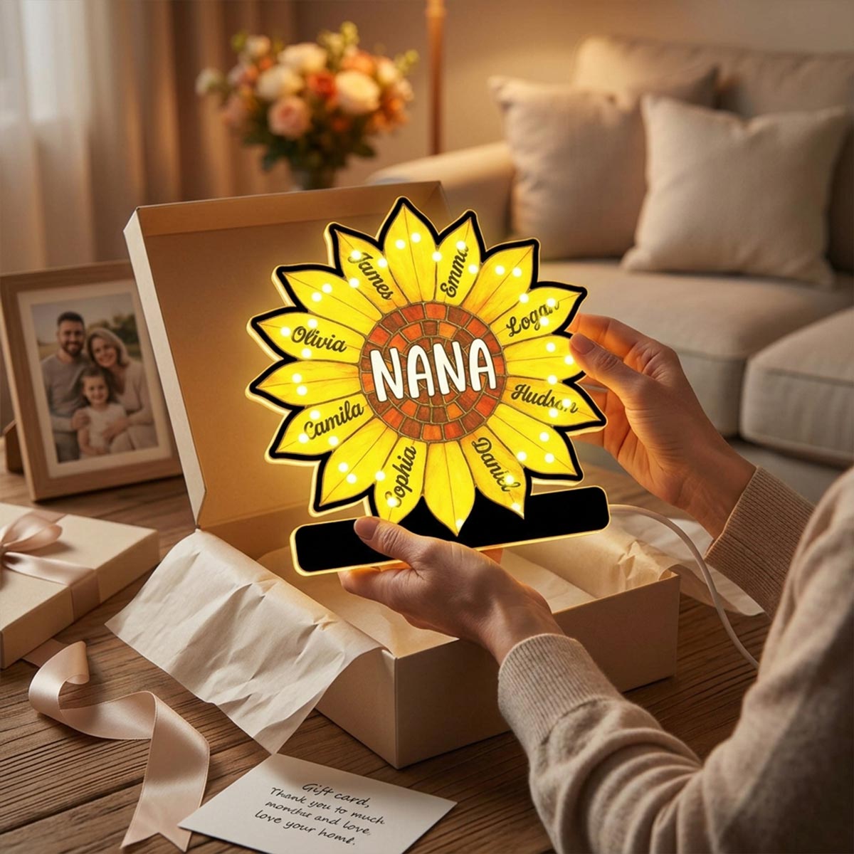 Grandma Sunflower Custom Kids Names - Personalized Suncatcher Night Light - Heartfelt Mother's Day Gift For Grandma, Mom, Wife