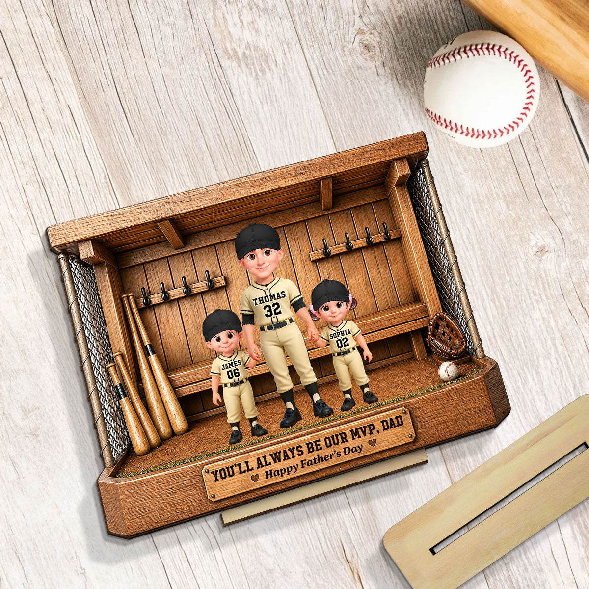 Baseball Dugout Dad And Kids We Caught The Best Dad - Personalized 2-Layered Wooden Plaque -  Gift For Dad