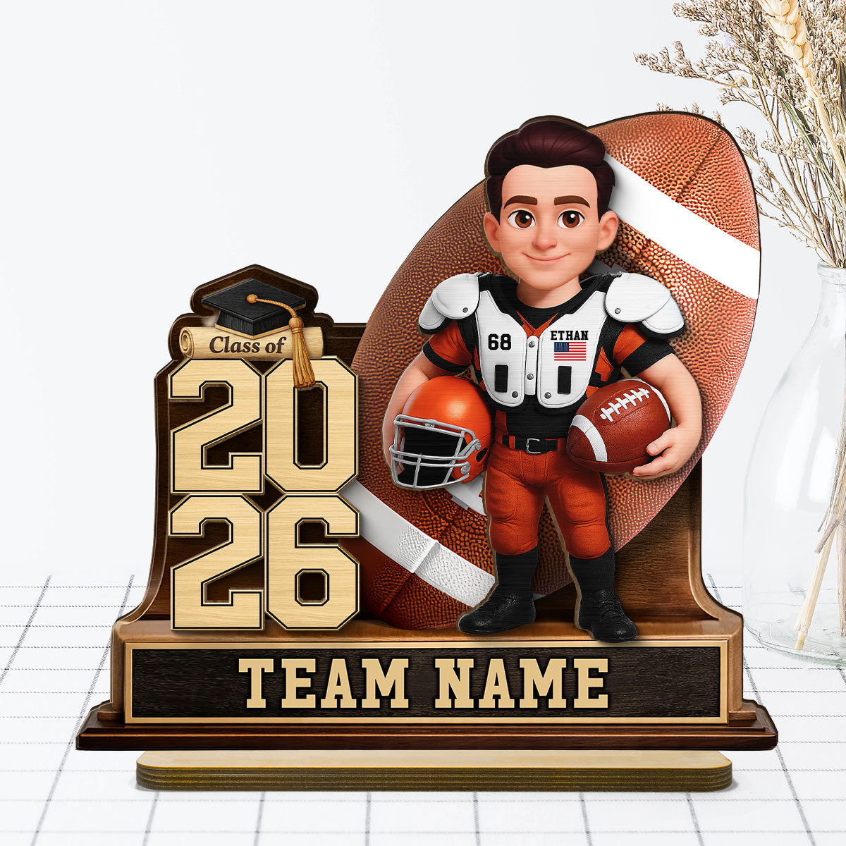 American Football Senior Keepsake 2D Flat - Personalized 2-Layered Wooden Plaque - Graduation Gift For Son, Daughter