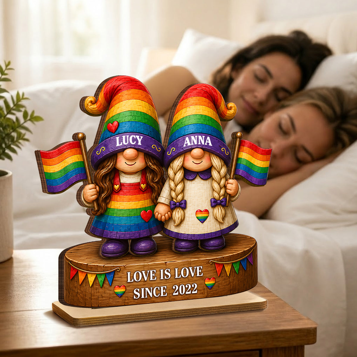 Love Is Love Rainbow Gnome Couple - Personalized 2-Layered Wooden Plaque - Gift For Couple, Happy Pride Month