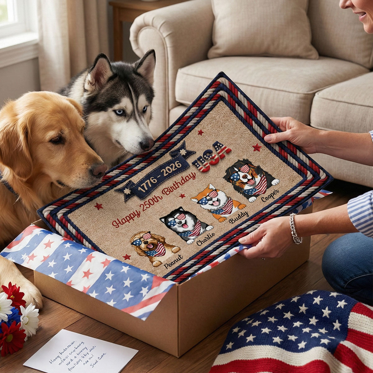 USA 250th Birthday Patriotic Flag Dog Faux Yarn Pattern - Personalized Doormat - Gift For Dog Lovers