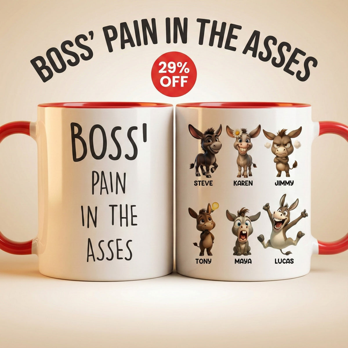 Boss Pain in the Asses, Funny Donkey Office Decoration - Personalized Mug - Custom Employee Gift Exchange, White Elephant Gift