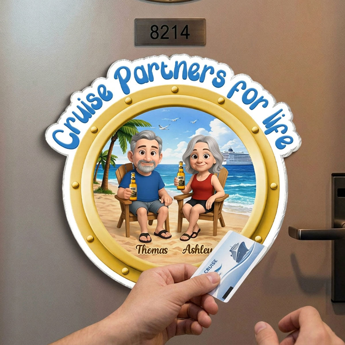 Cruise Partners For Life Porthole Cartoon Couple Sitting On The Beach - Personalized Cruise Ship Door Magnet