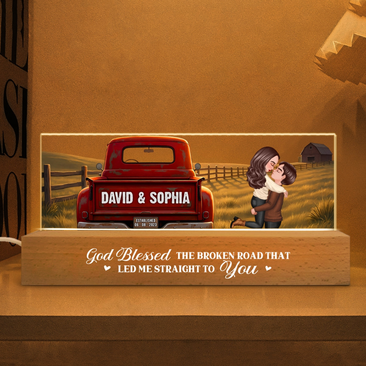 Rustic Nostalgia Red Truck Couple Hugging Kissing Farmhouse Decor - Personalized Acrylic Block LED Night Light - Heartfelt Valentine, Anniversary Gift For Him, For Her