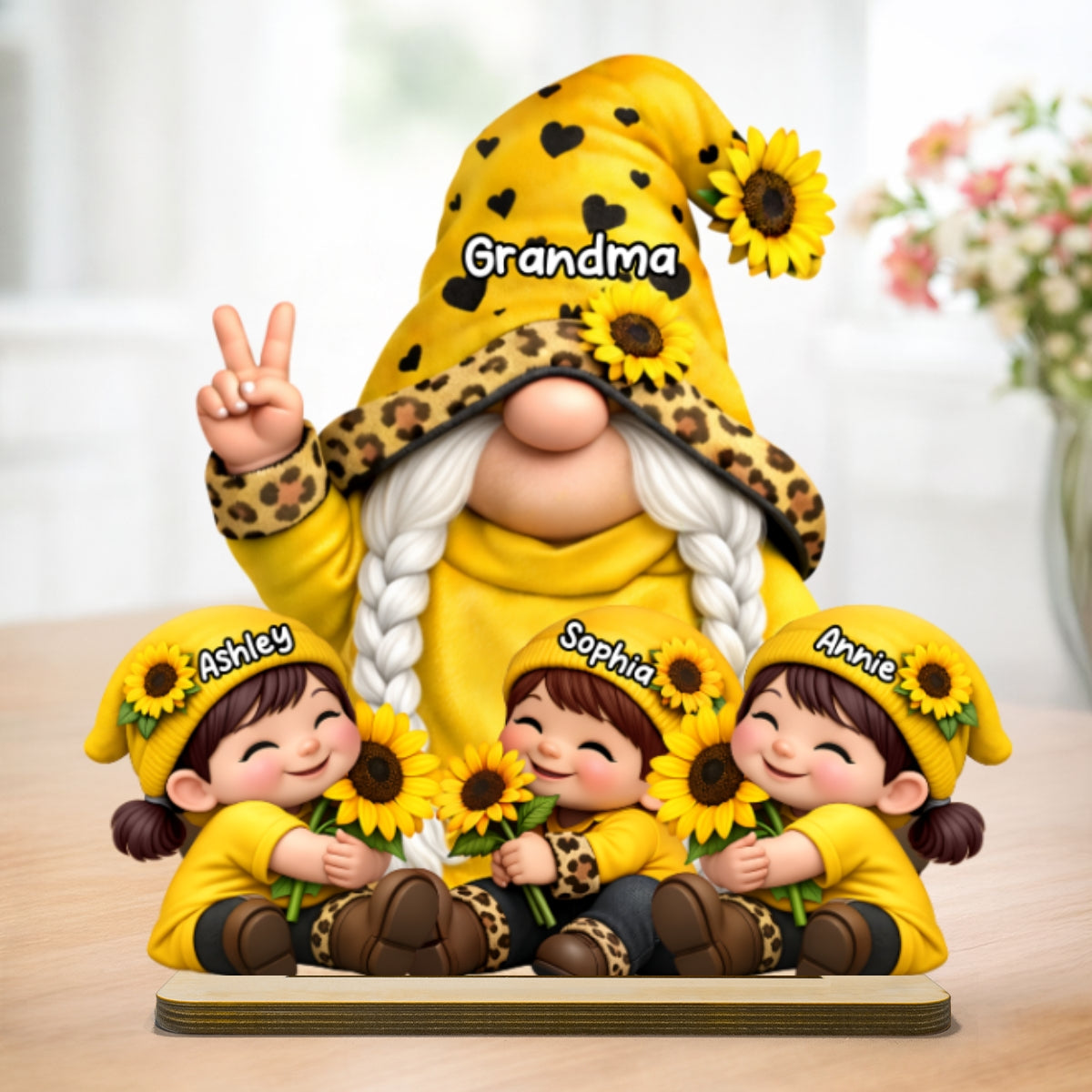 Gnome Grandma & Grandkids Sunflower - Personalized 2-Layered Wooden Plaque - Sentimental Mother's Day Gift for Grandma
