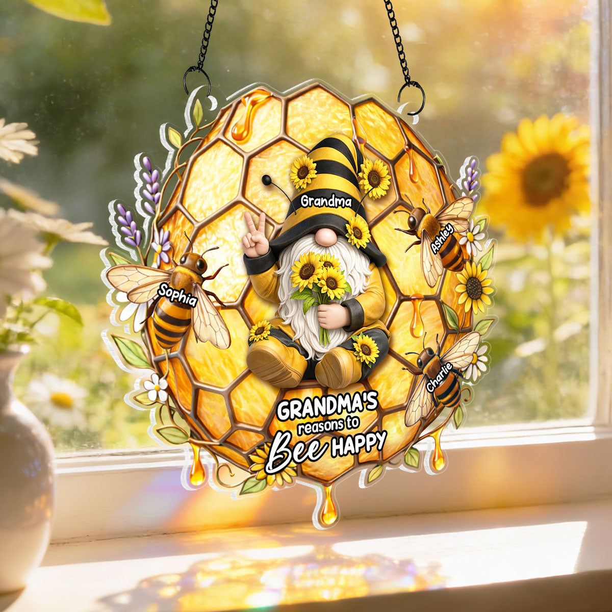 Grandma Grandkids Bee Happy - Personalized Suncatcher - Gift For Grandma