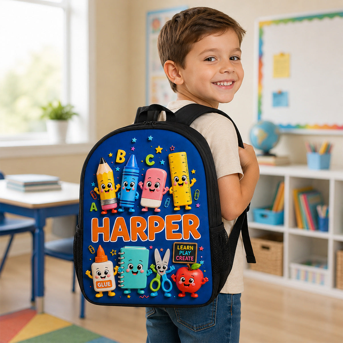 Playful School Things With Kid Name 2D Flat - Personalized Backpack - Back To School Gift