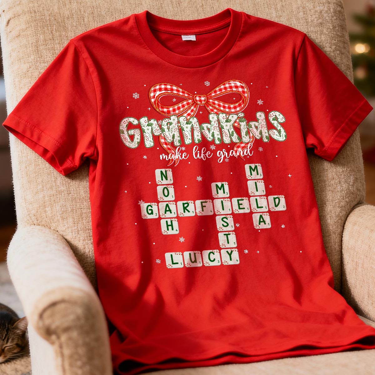 Grandkids Make Life Grand Coquette Floral Christmas Pattern Crossword Puzzle Art - Personalized Shirt