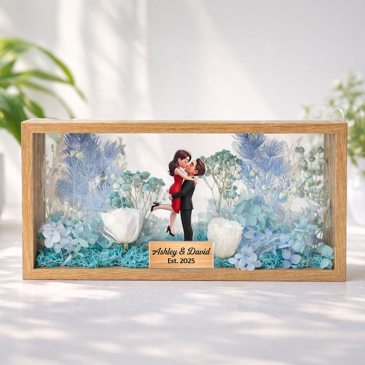 Romantic Couple Hugging Kissing - Personalized DIY Flower Shadow Box LED Night Light - Gift For Couple, For Him, For Her