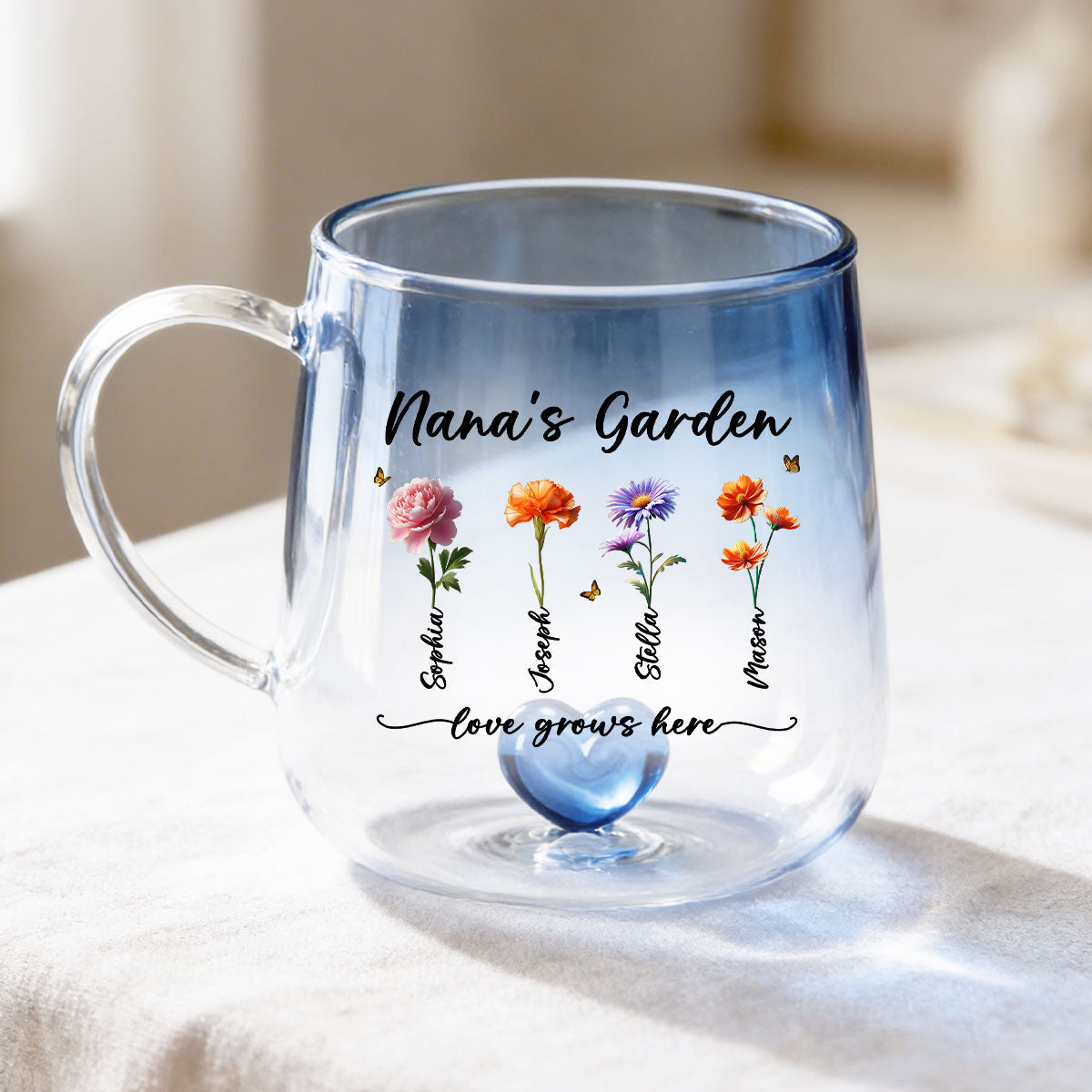 Grandma's Garden Love Grows Here - Personalized Glass Mug - Custom Birth Flowers, Mother's Day Gift for Mom, Grandma, Wife