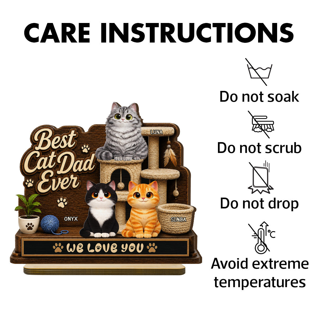 Best Cat Dad Ever Cute Cats On Cat Tree 2D Flat - Personalized 2-Layered Wooden Plaque -  Gift For Cat Dad
