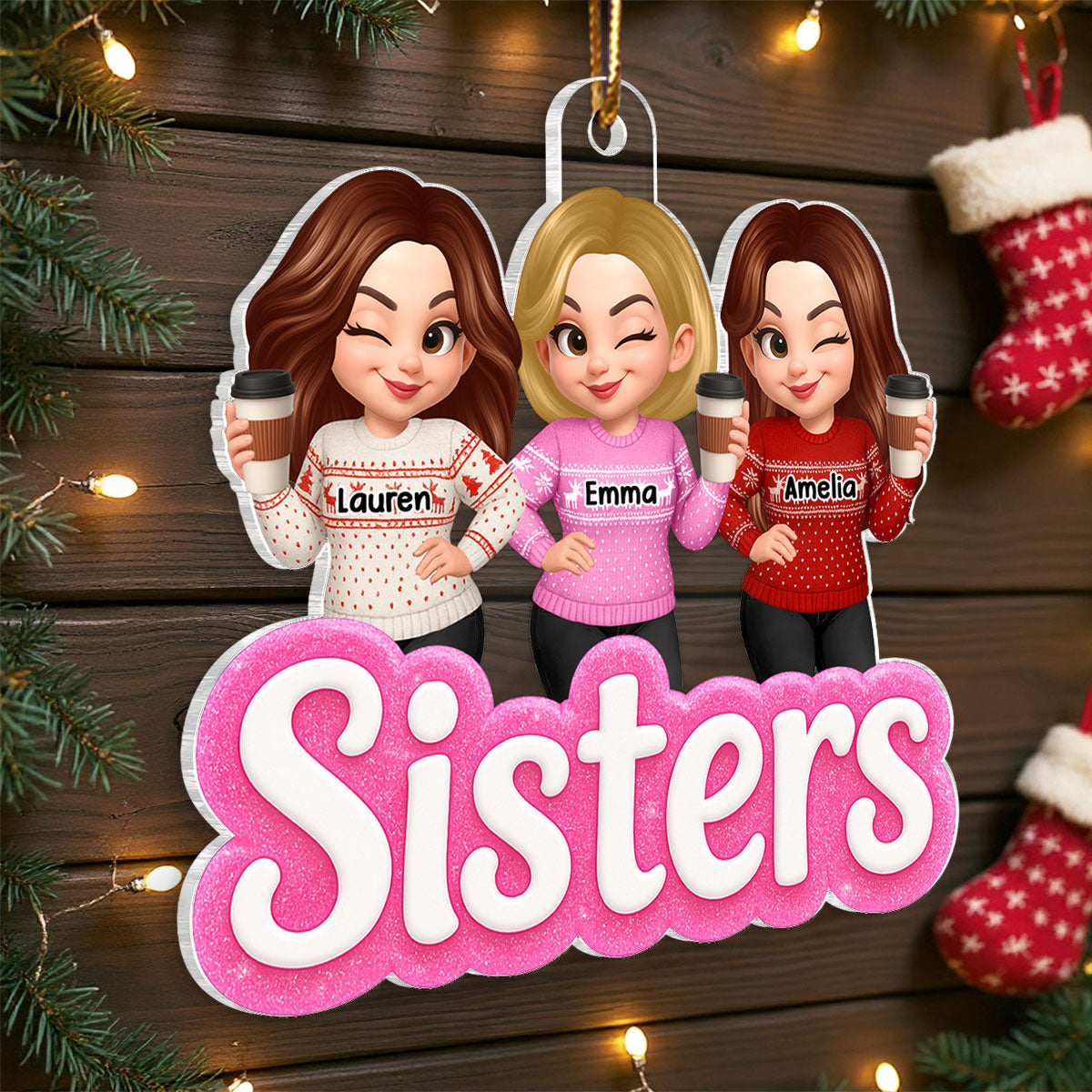 Pink Besties Sisters 3D Glitter Effect - Personalized Acrylic Ornament - Christmas Gift for Best Friends, for Sisters
