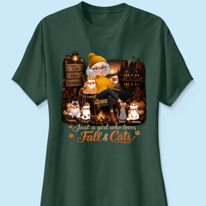 Just a Girl Who Loves Fall & Cats - Personalized Shirt - Cozy Fall Tee for Cat Moms