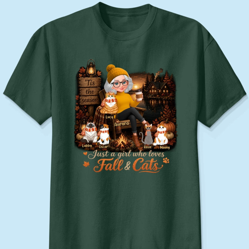 Just a Girl Who Loves Fall & Cats - Personalized Shirt - Cozy Fall Tee for Cat Moms