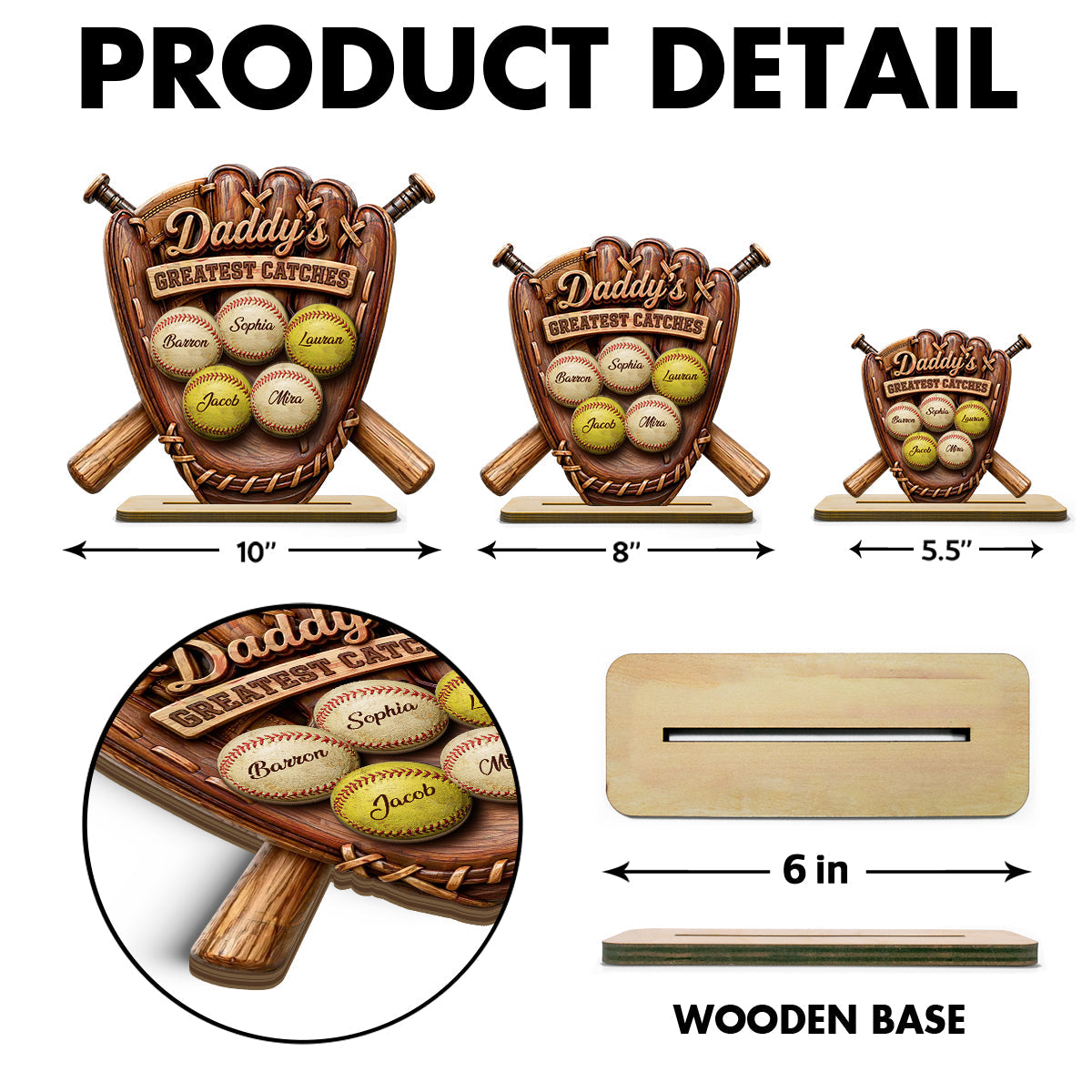 Daddy's Greatest Catches Baseball Softball - Personalized 2-Layered Wooden Plaque -  Gift for Husband, Dad