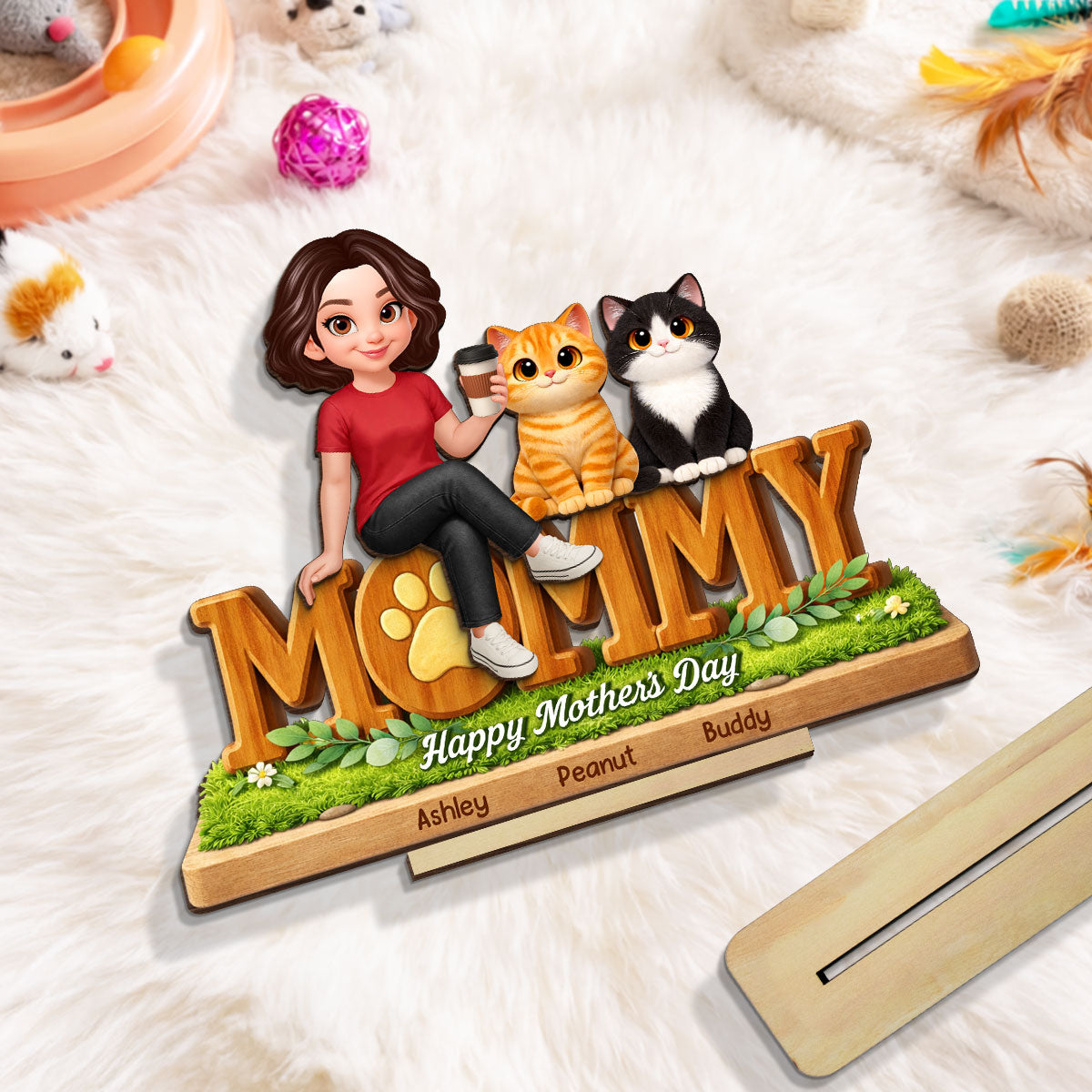 Cat Mom Cute Fluffy Cats - Personalized 2-Layered Wooden Plaque - Mother's Day Gift For Cat Mom