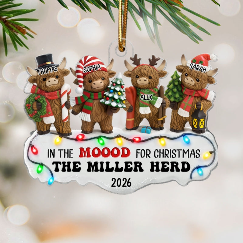 3D Effect Highland Cows Standing Family Herd In The Moood For Christmas - Personalized Acrylic Ornament