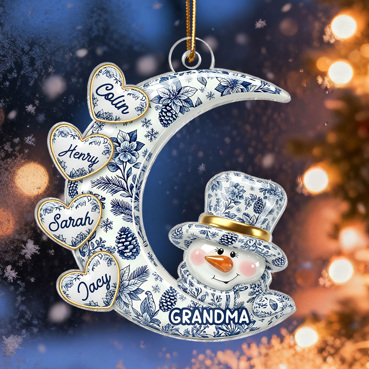3D Effect Timeless Vintage Toile De Jouy Grandma Snowman Hearts Moon - Personalized Acrylic Ornament - Gift For Grandparents