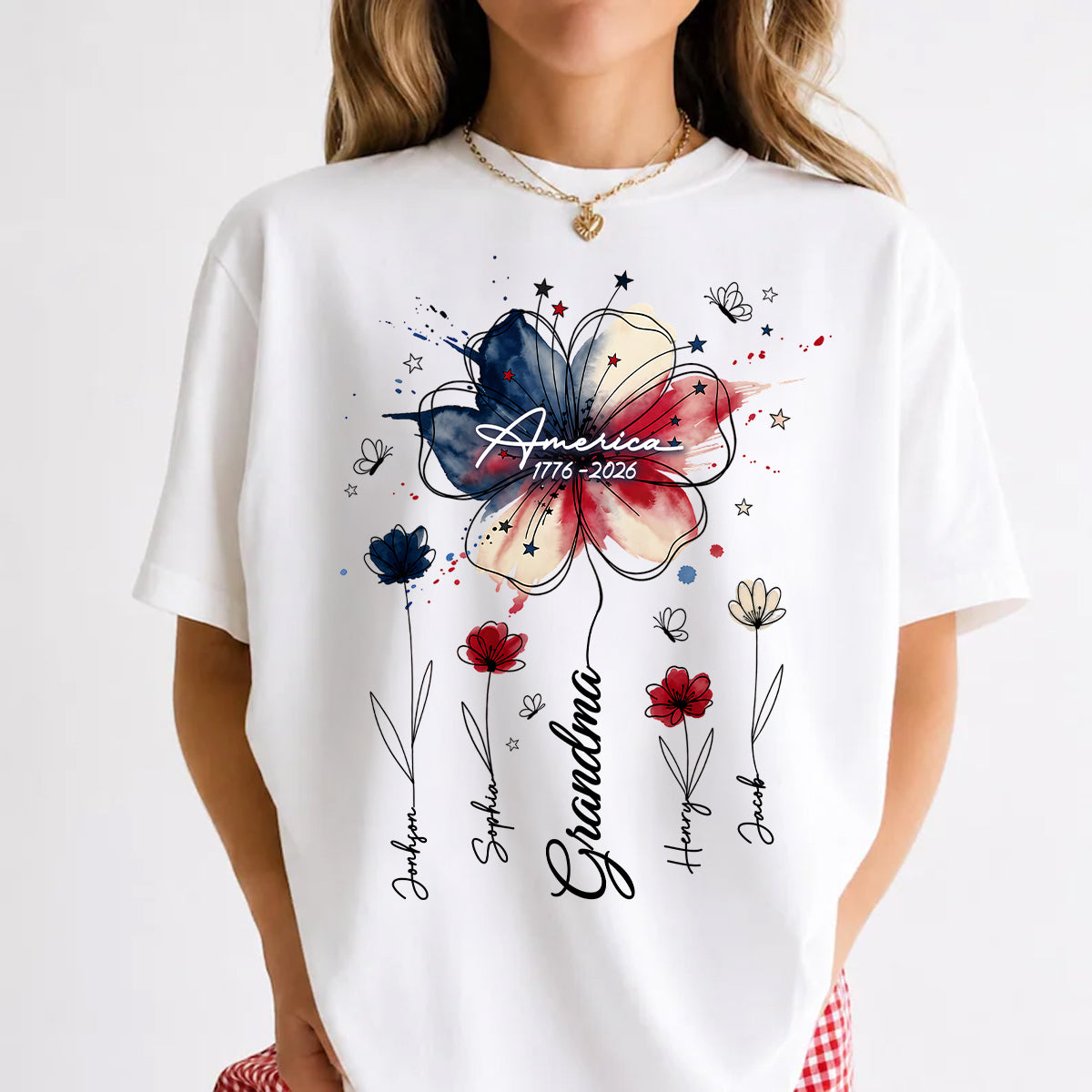 USA 250th Anniversary Floral Grandma - Personalized Shirt - Patriotic Gift for Grandma, Mom
