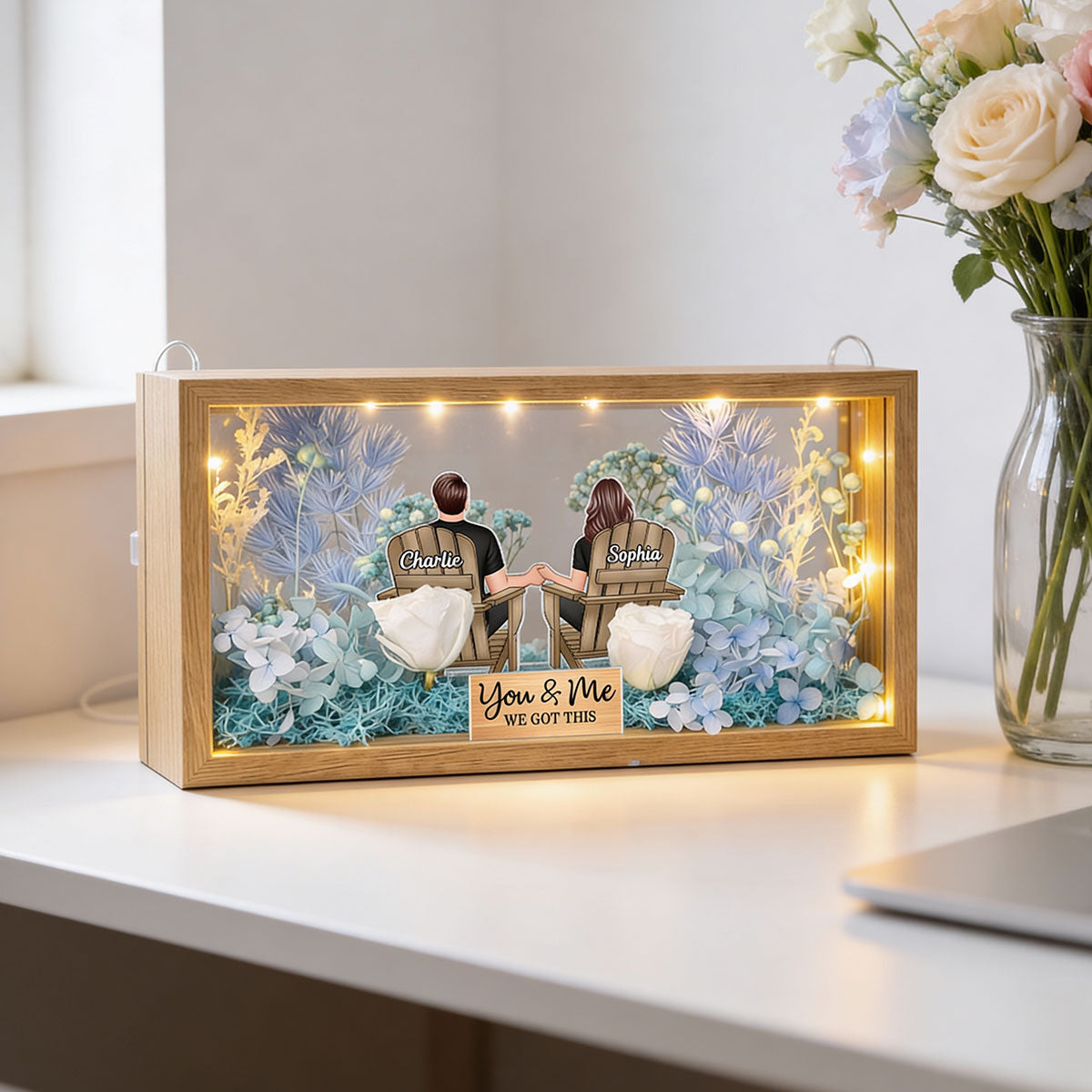 Eternal Love Back View Couple Sitting - Personalized DIY Flower Shadow Box LED Night Light - Gift For Couple, For Him, For Her