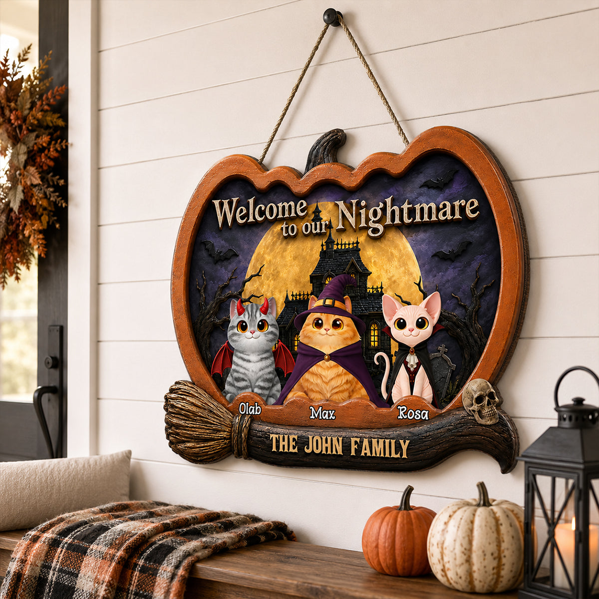 Welcome To Our Nightmare Cat Halloween - Personalized Door Sign - Halloween Decor Gift, Gift For Cat Lovers