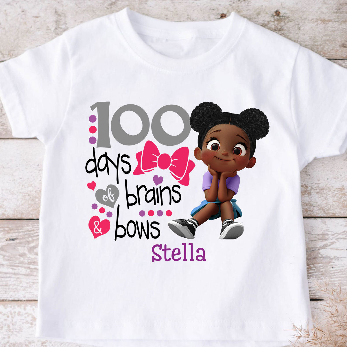 100 Days Brains & Bows Cute Little Girl - Personalized Kid T-Shirt - 100 Days Of School For Daughter, Granddaughter