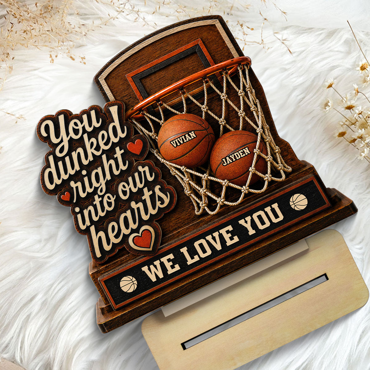 You Dunked Right Into Our Hearts Custom Name 2D Flat - Personalized 2-Layered Wooden Plaque -  Gift For Basketball Dad