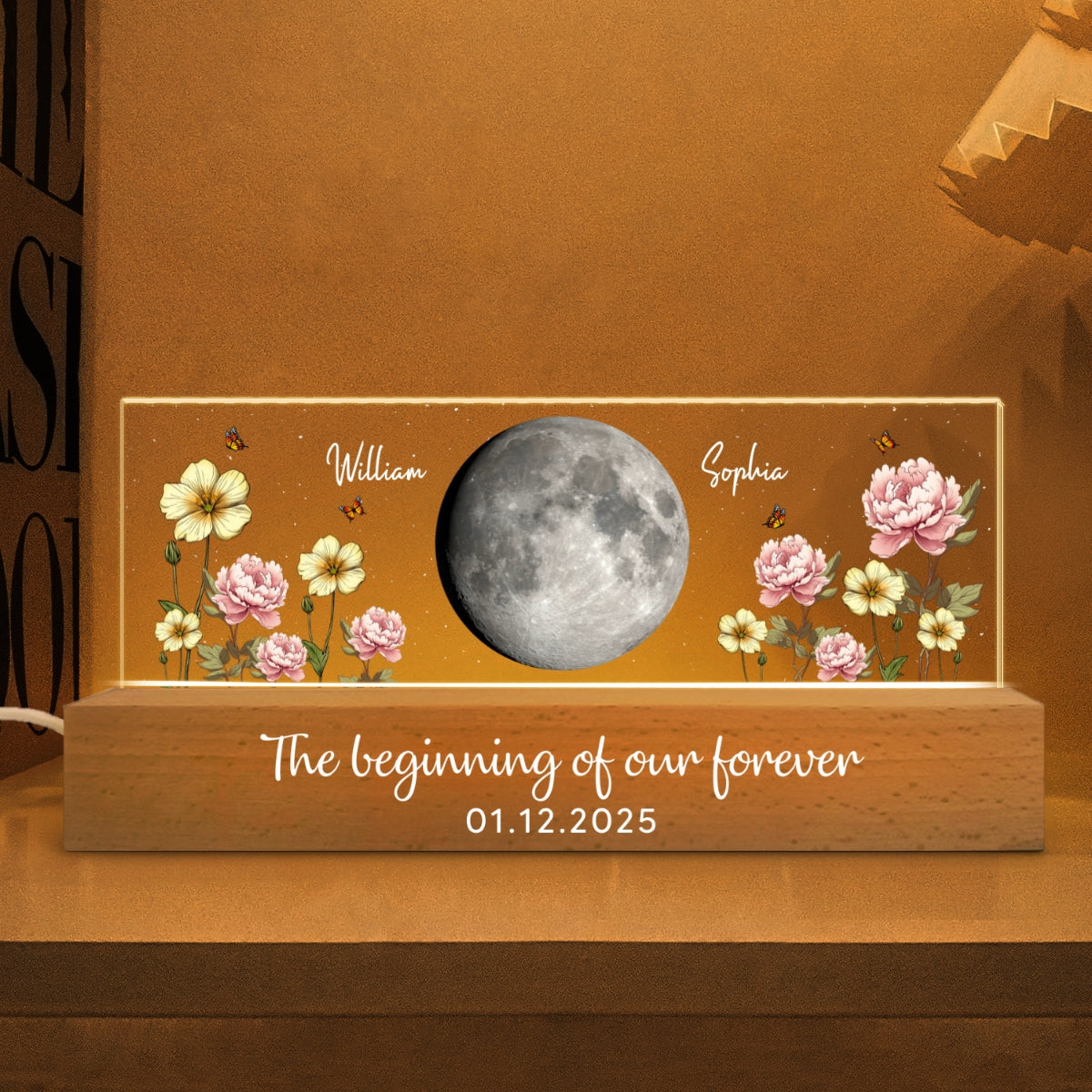 Custom Couple Birth Month Flowers Our Moon Custom Moon Phase Art - Personalized Acrylic Block Plaque LED Night Light - Gift For Couple