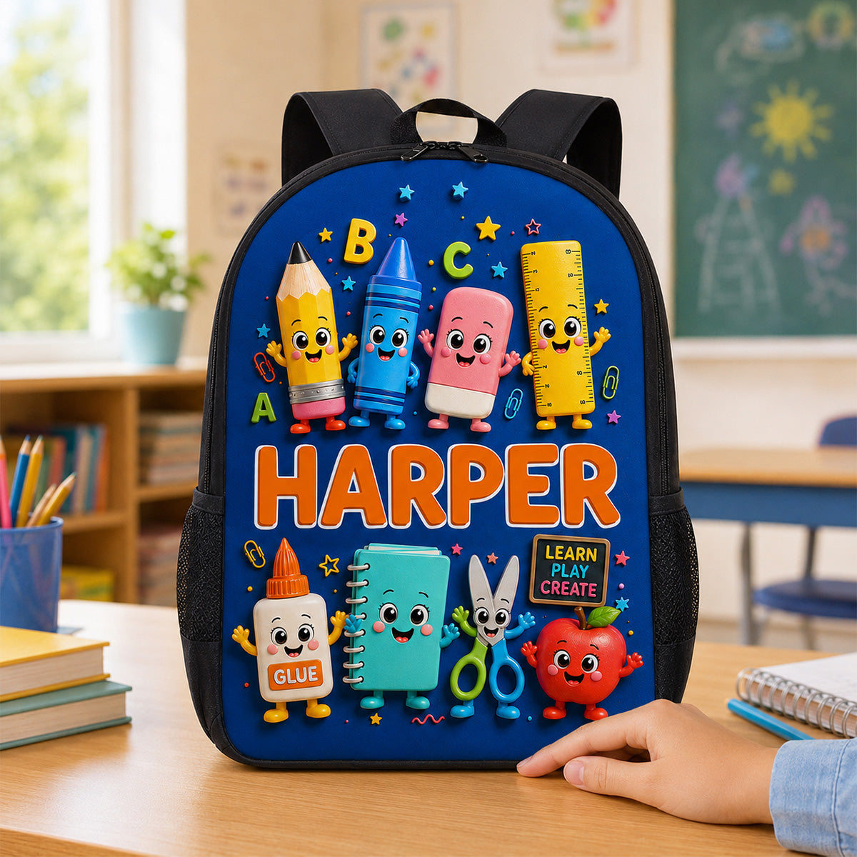 Playful School Things With Kid Name 2D Flat - Personalized Backpack - Back To School Gift
