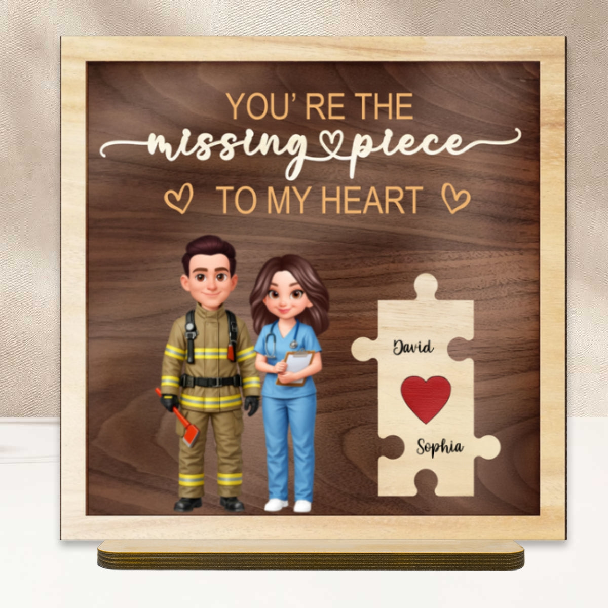 The Missing Piece to My Heart Couple Occupation Nation Flag - Personalized 2-Layered Wooden Plaque - Heartfelt Gift for Him, for Her