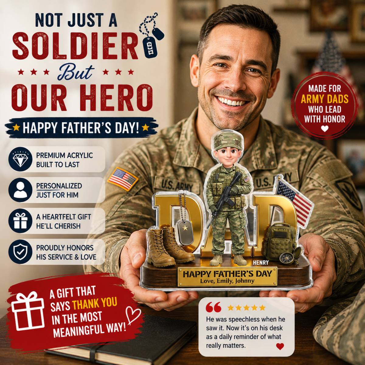 Proud American Military Armed Force Hero Dad 2D Flat - Personalized Acrylic Block Plaque -  Unique Trending  Gift For Dad, Husband