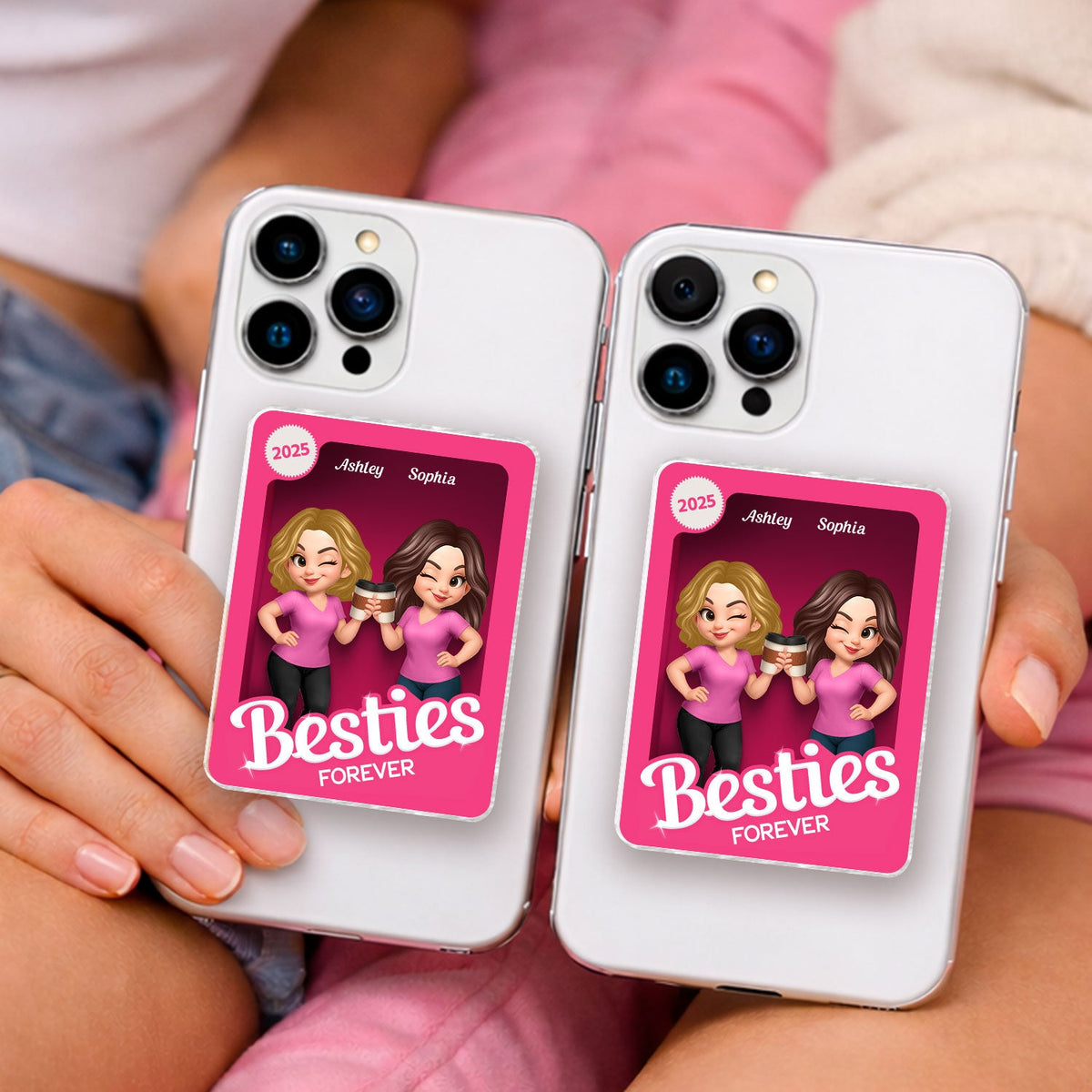 Besties Forever Pink 3D Effect Action Figure – Personalized Acrylic Magnetic Phone Grip – Gift for Best Friends, Matching Phone Grips