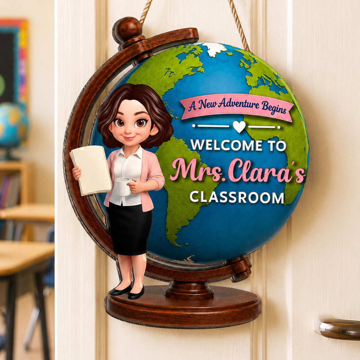 Globe Teacher Welcome - Personalized Door Hanger - Back To School Decoration