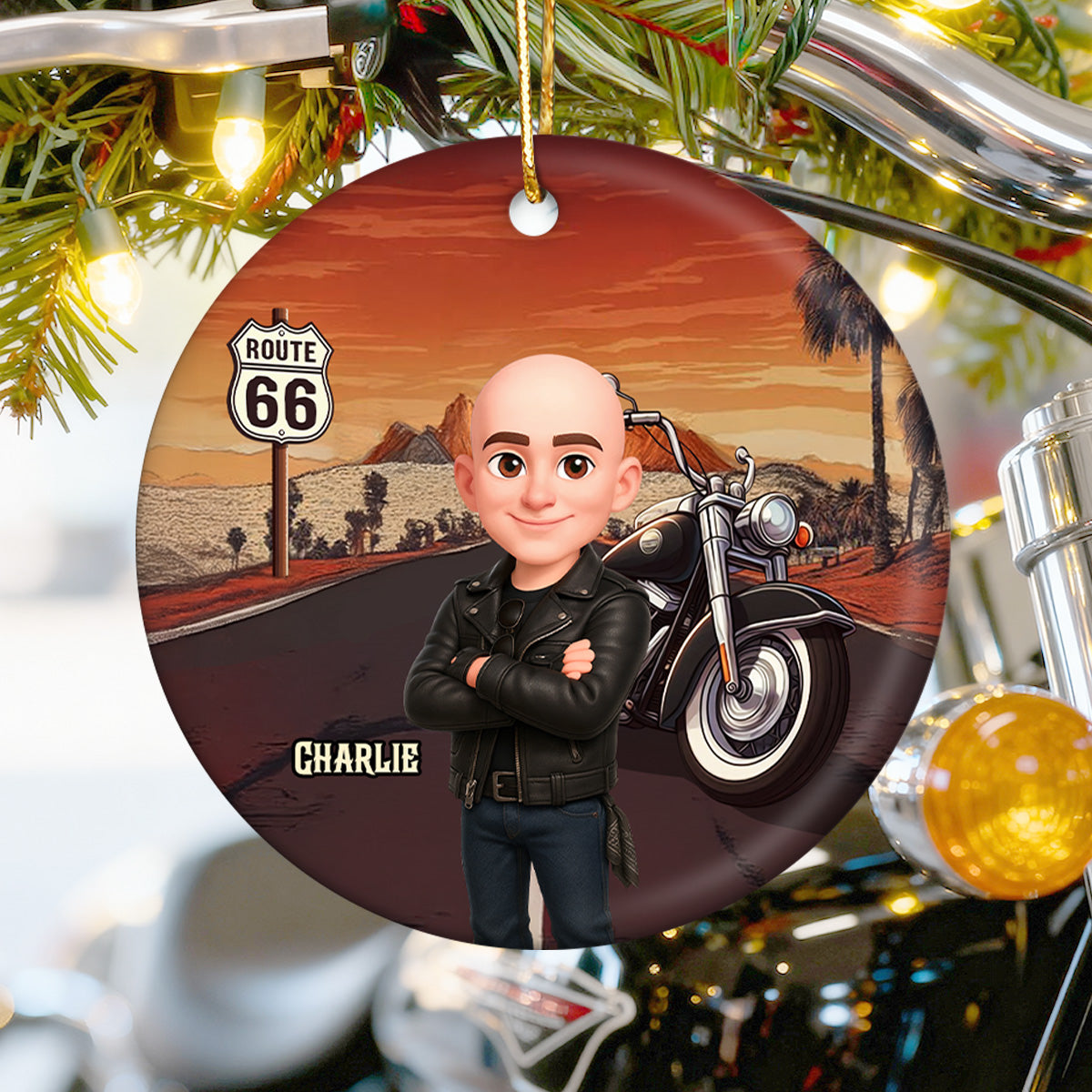 Biker On The Road Christmas - Personalized Ceramic Ornament - Gift For Bikers, Gift For Him, For Her