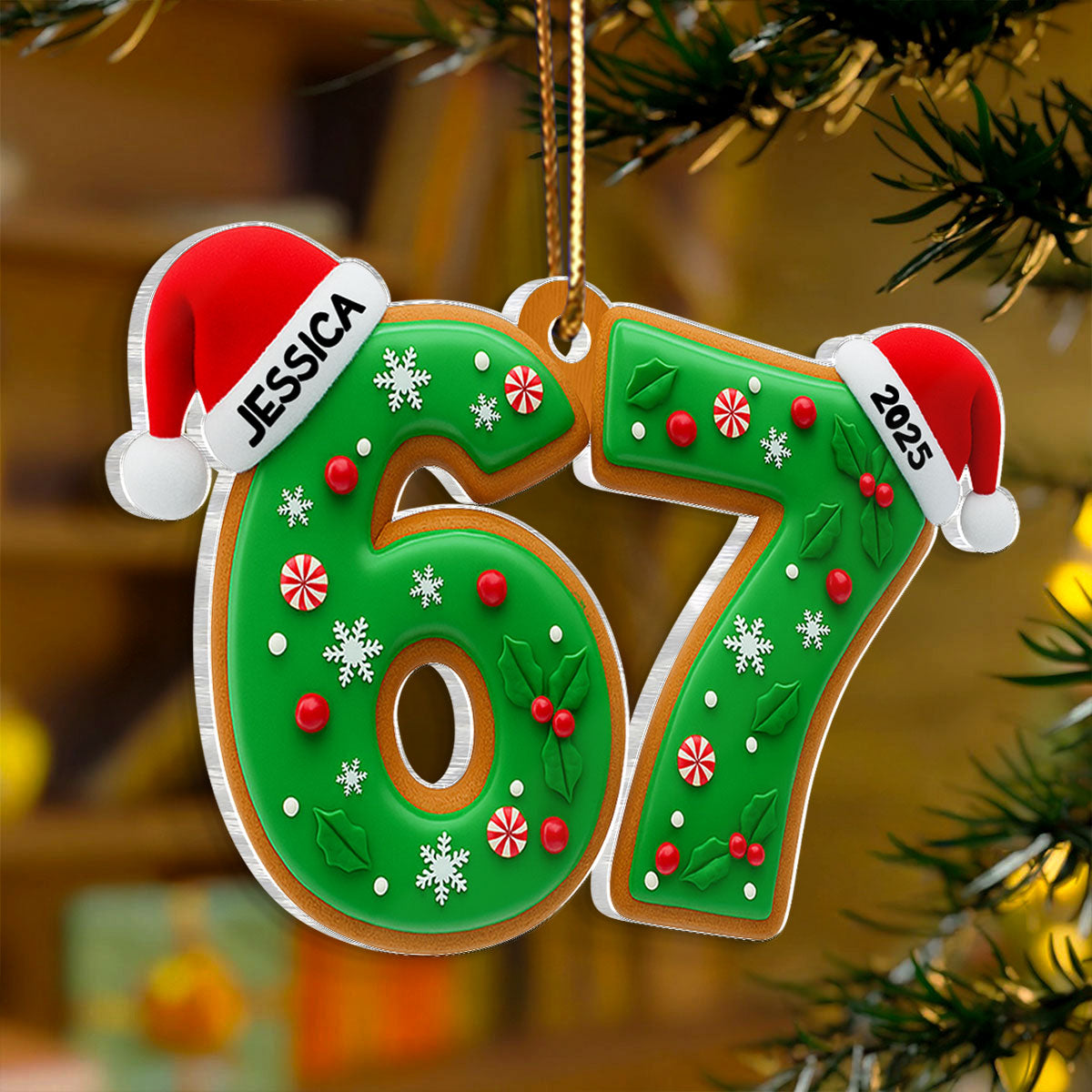 Custom Six Seven Holly Pattern - Personalized Acrylic Ornament - Teen Slang Funny Tree Decor, Funny Teen Grandkid Gift