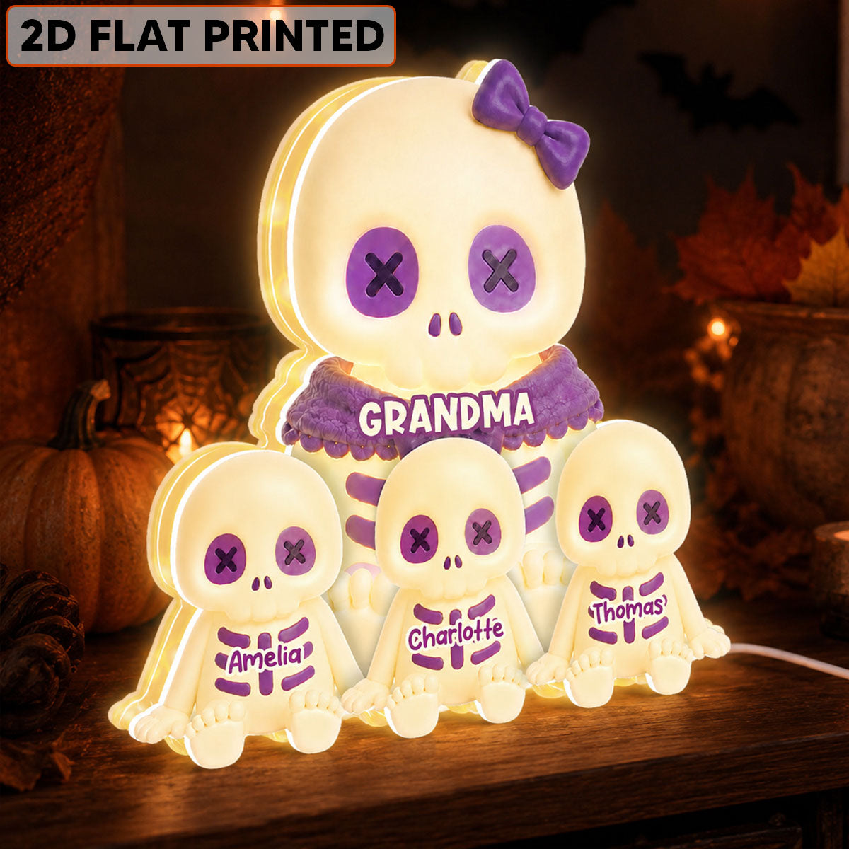 Cute Skeleton Grandma Grandkids Fall Halloween Decor - Personalized Light Box - Gift For Grandmas